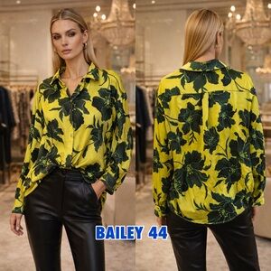 NWT! Bailey 44 Chartreuse and Various Blues Satin Floral Print Button Down